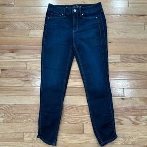 White House Black Market, dark wash cropped skinny leg  jeans with ruched bottom